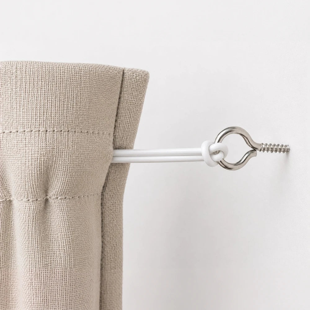 Curtain Wire Hooks & Eyes on white rod with metal eyelet and wall anchor, paired with beige fabric curtain.