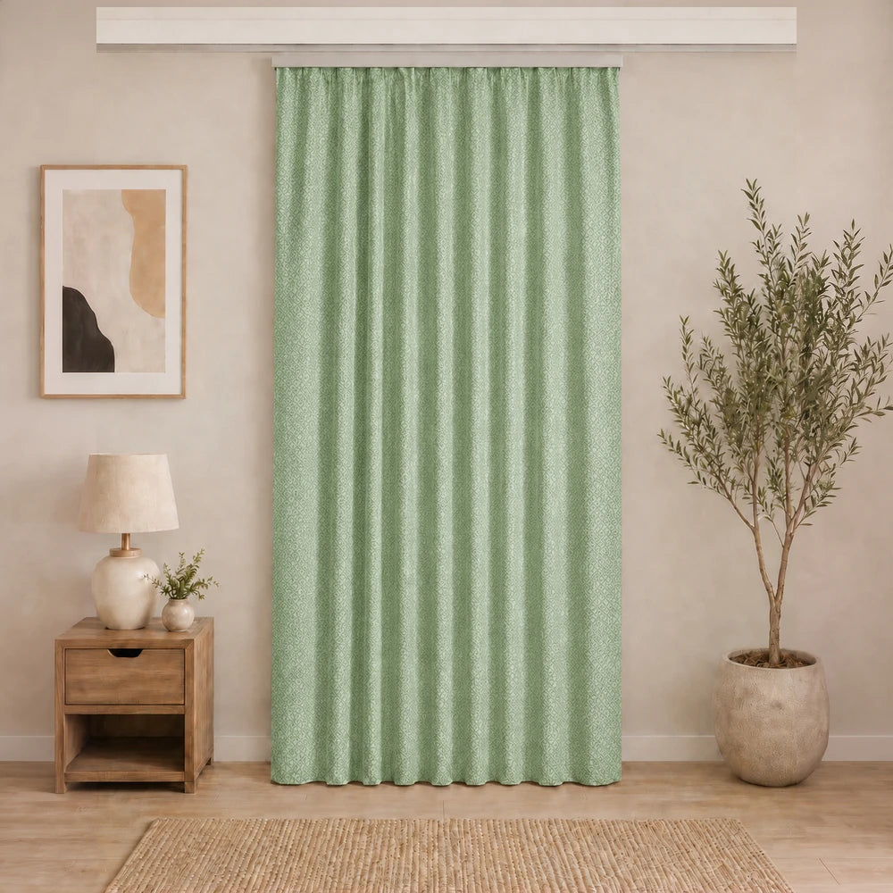 Diamond textured green curtain, unlined taped header, decorative window drape for living room