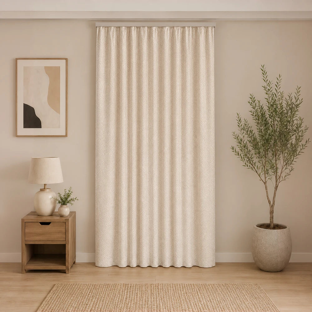 Dot Textured Unlined Taped Curtain in beige with a subtle repeating dot pattern, perfect for soft light and privacy.
