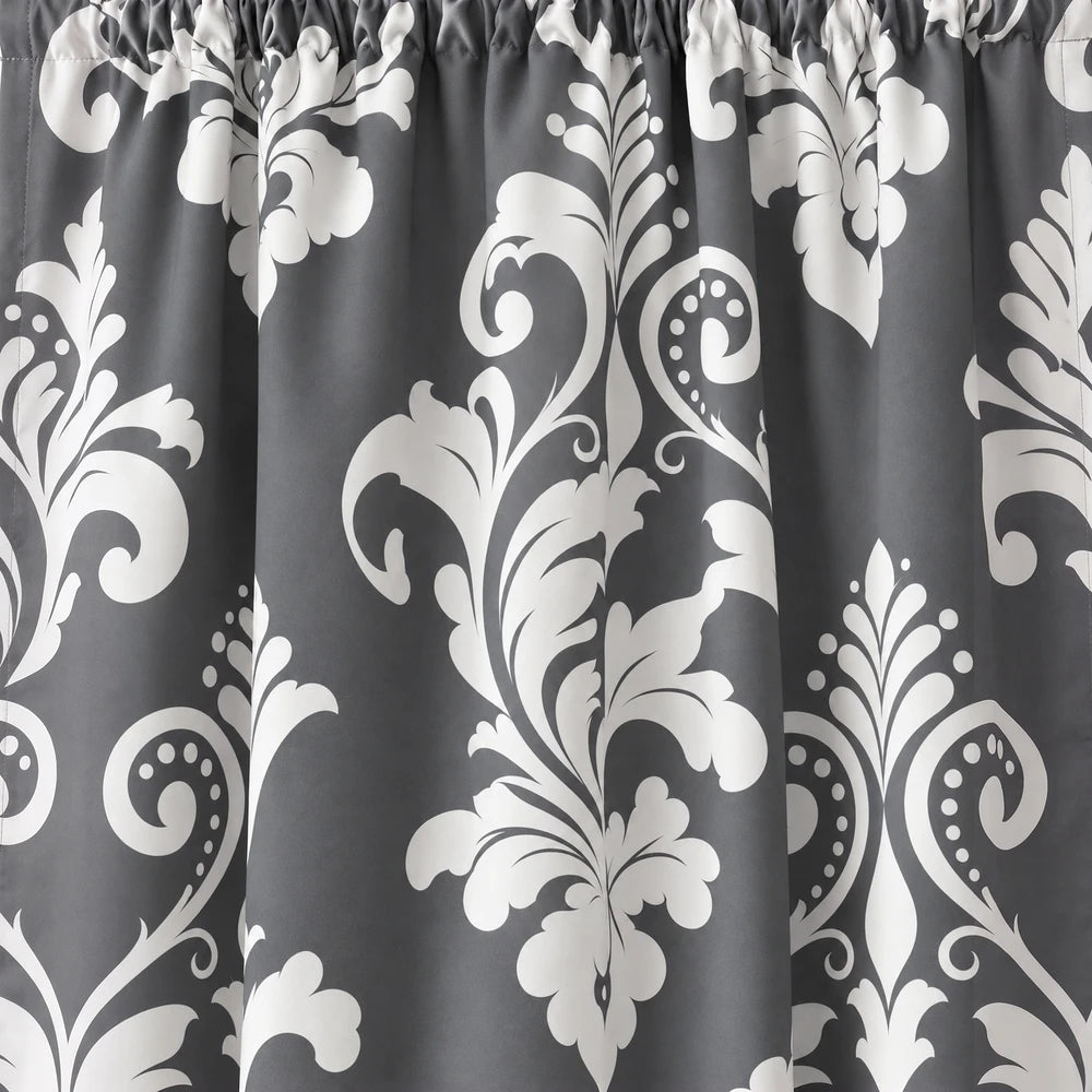 Elegant damask paste print taped-lined curtain in dark gray with white ornate floral pattern, ready to hang.