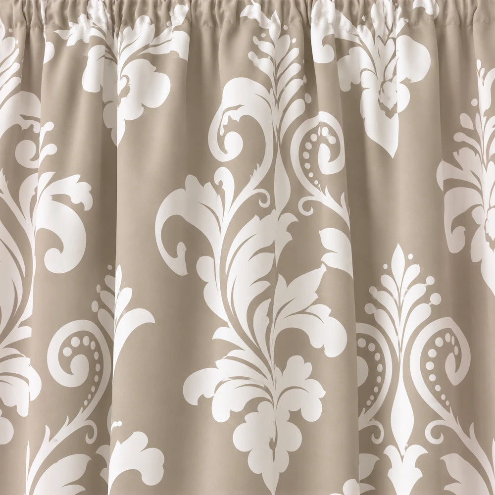Elegant damask paste-print taped-lined curtain in beige with a white floral pattern, decorative window treatment.