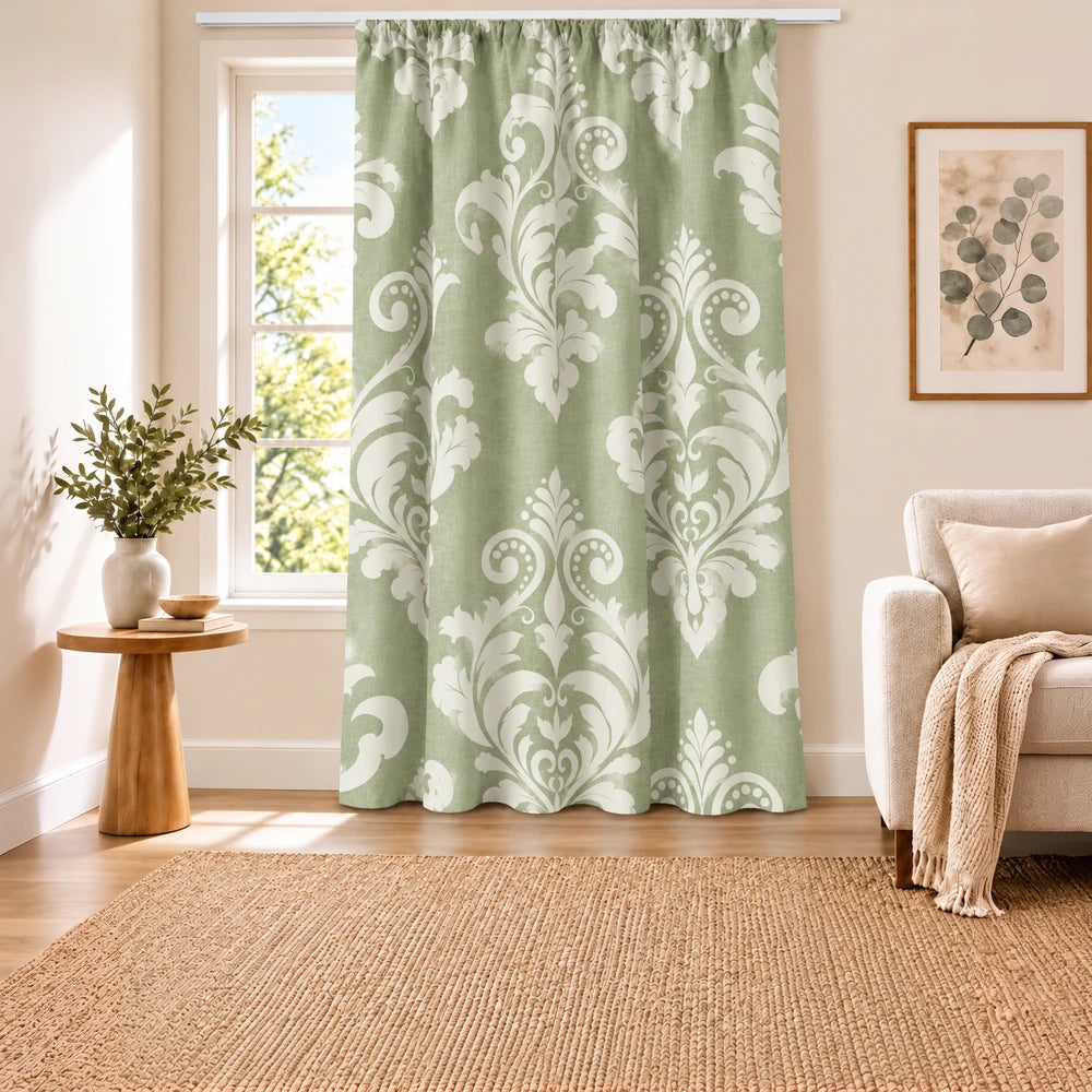 Elegant damask paste print taped lined curtain in sage green with white motif, ideal for framing a living room window with a