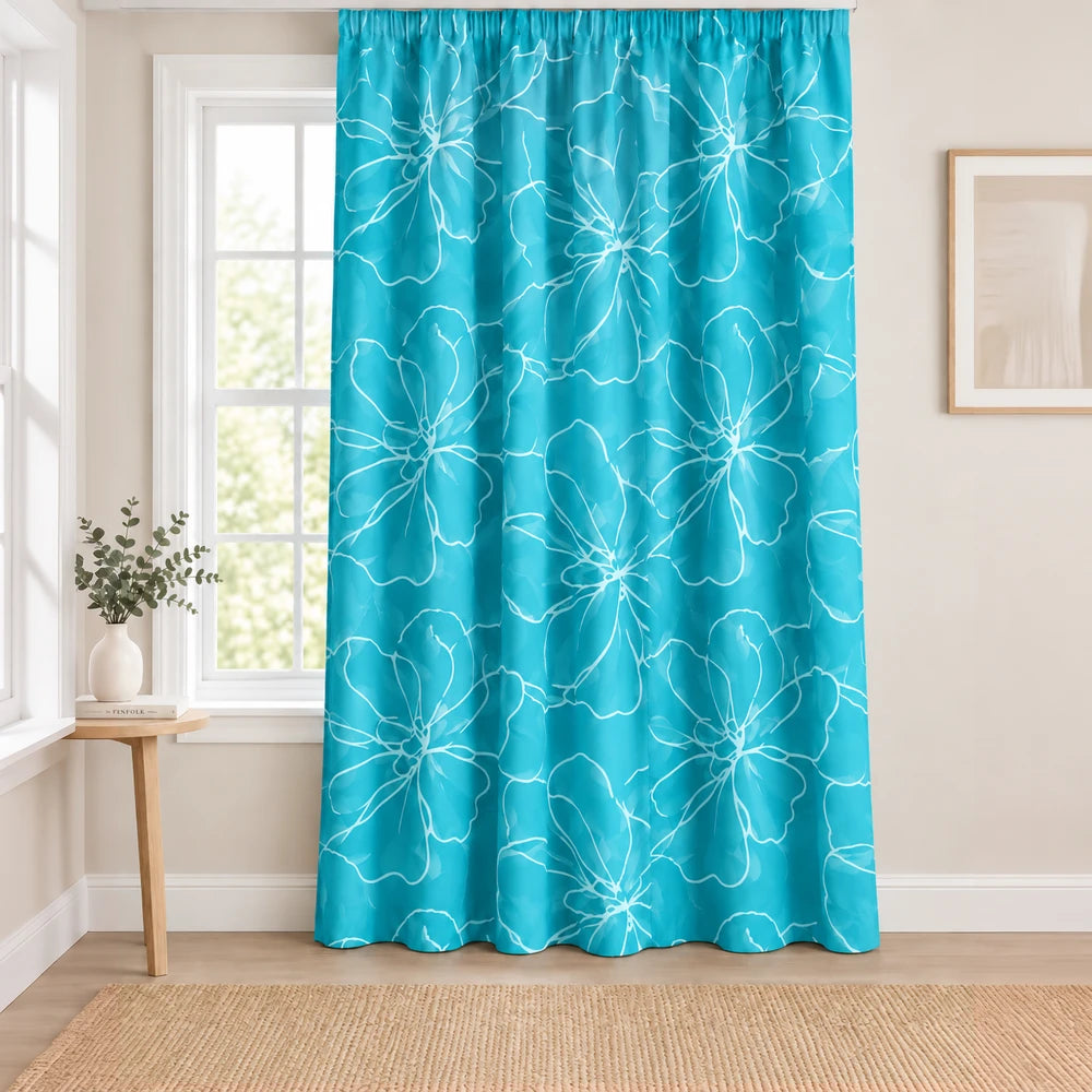 Elegant floral paste print taped lined curtain in turquoise blue with white flower pattern, decorative window curtain