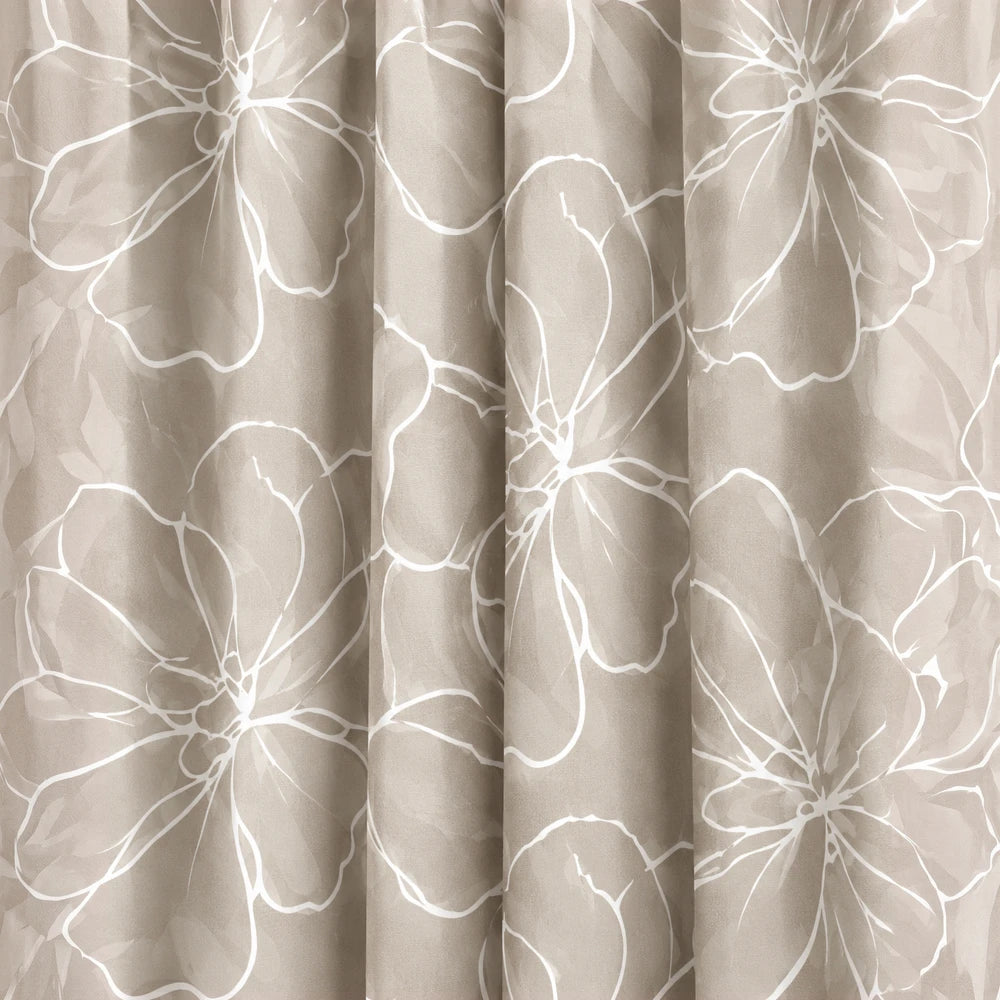 Elegant Floral Paste Print Taped Lined Curtain in beige with white flower outlines for a soft, neutral decor look