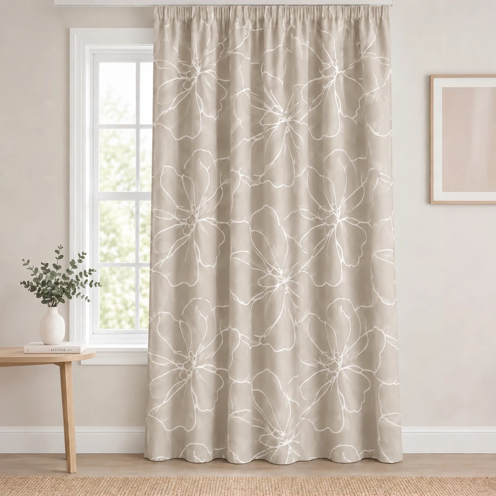 Elegant Floral Paste Print Taped Lined Curtain in beige with white floral outline pattern, a lightweight, room-darkening