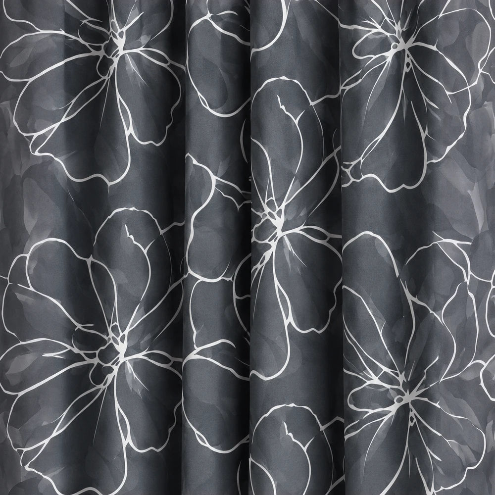 Elegant Floral Paste Print Taped Lined Curtain in dark gray with white flower pattern, soft drape for windows