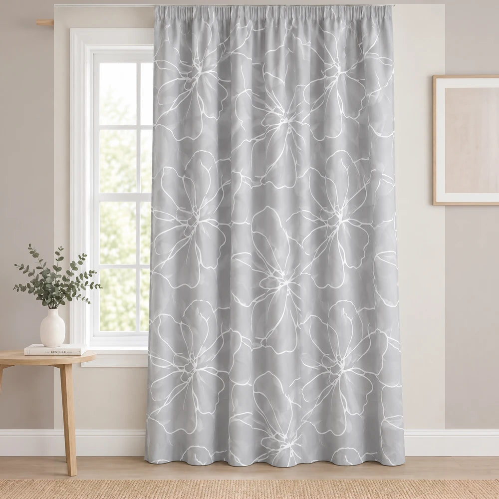 Elegant Floral Paste Print Taped Lined Curtain in soft gray with large white flower pattern, ready for rod mounting.