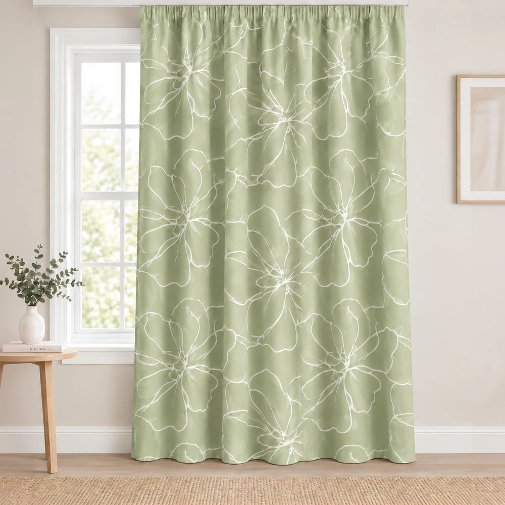 Elegant Floral Paste Print Taped Lined Curtain in sage green with white outline flowers, suitable for living rooms
