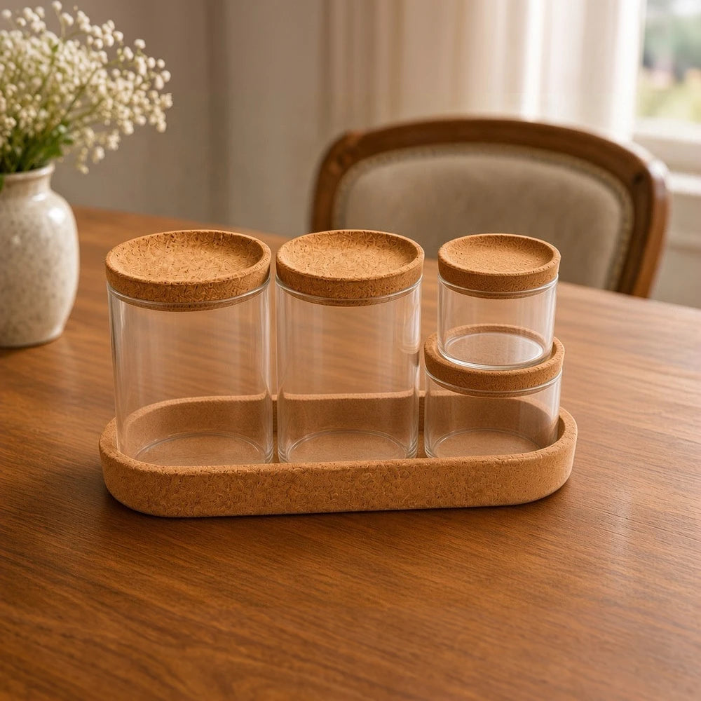 Elegant 4-piece glass storage jar set with natural cork lids and a matching cork tray, ideal for pantry organization and