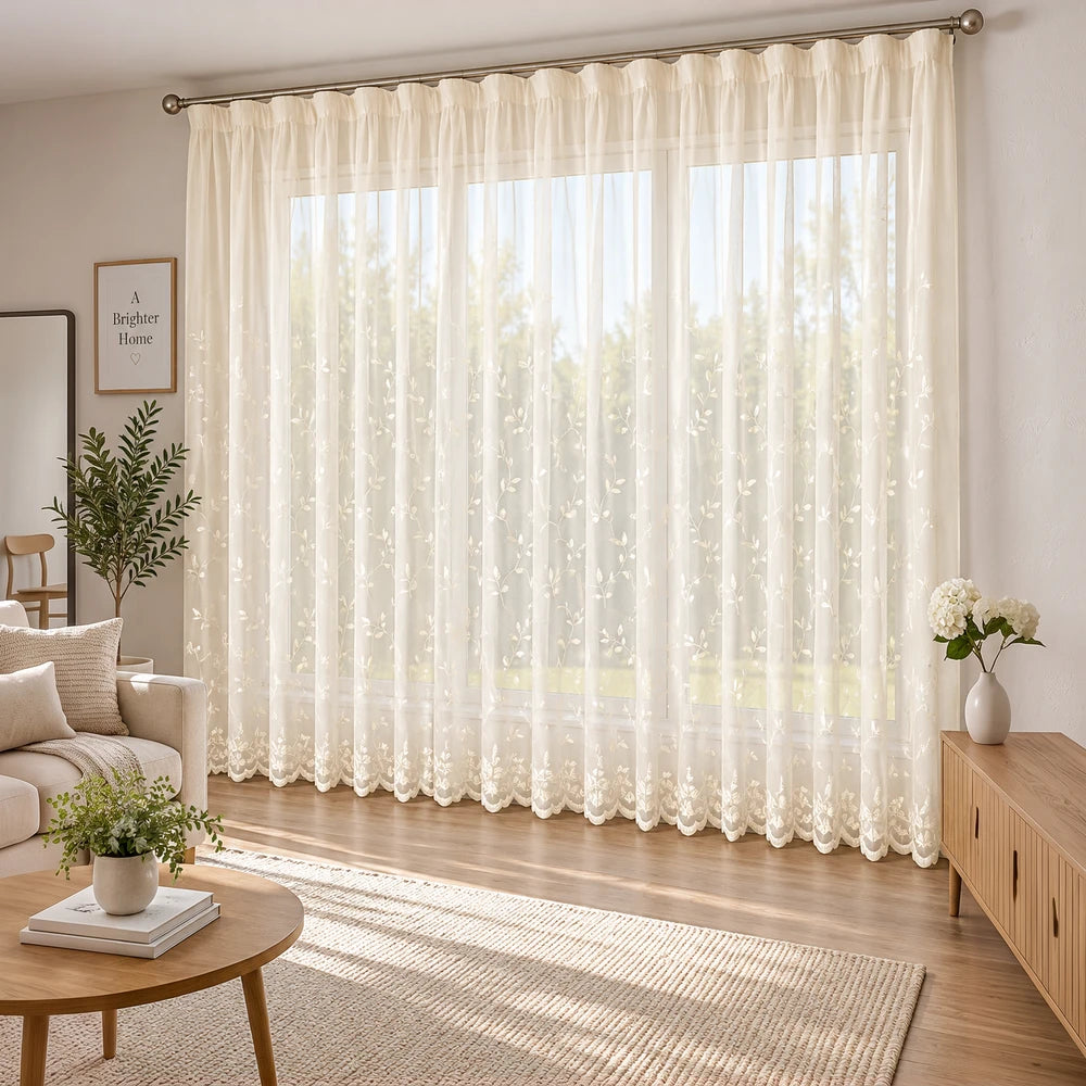 Embroidery On Plain Voile 5m Taped Curtain