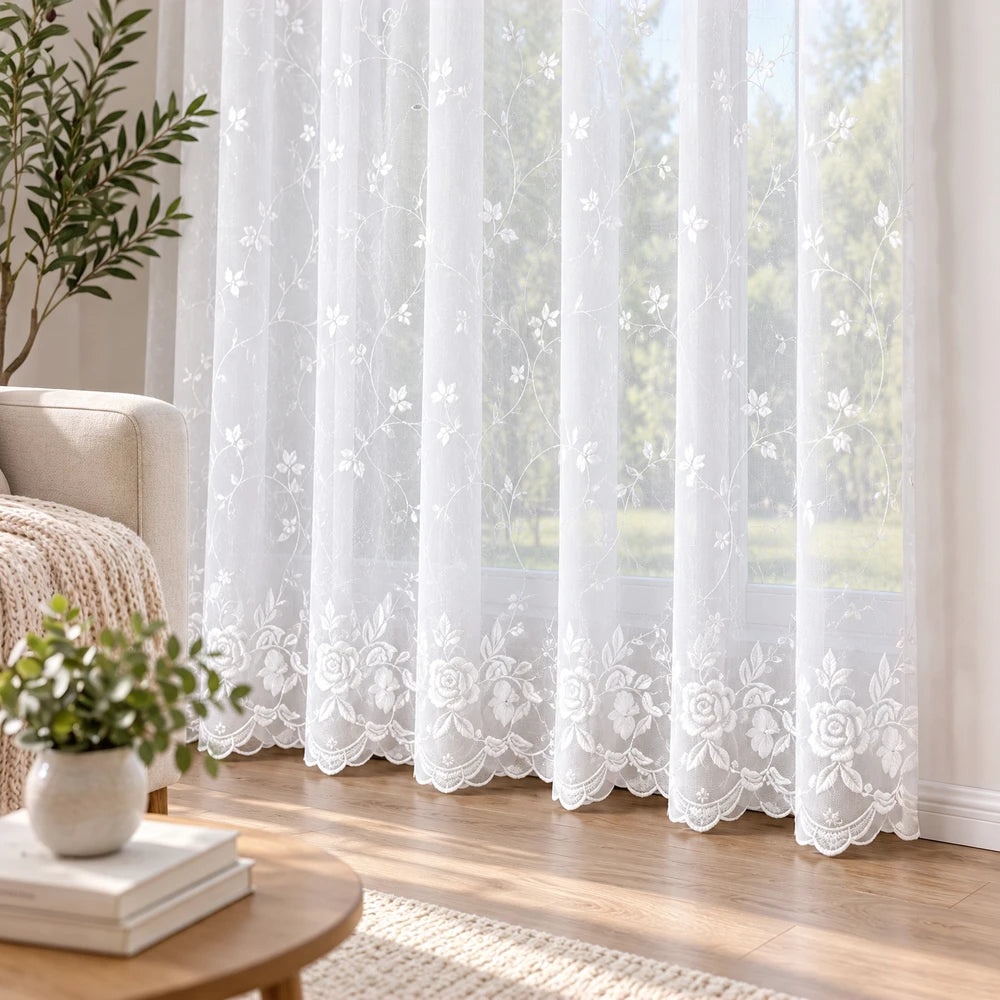Embroidery On Plain Voile 5m Taped Curtain in white sheer fabric with floral lace embroidery for elegant window decor.
