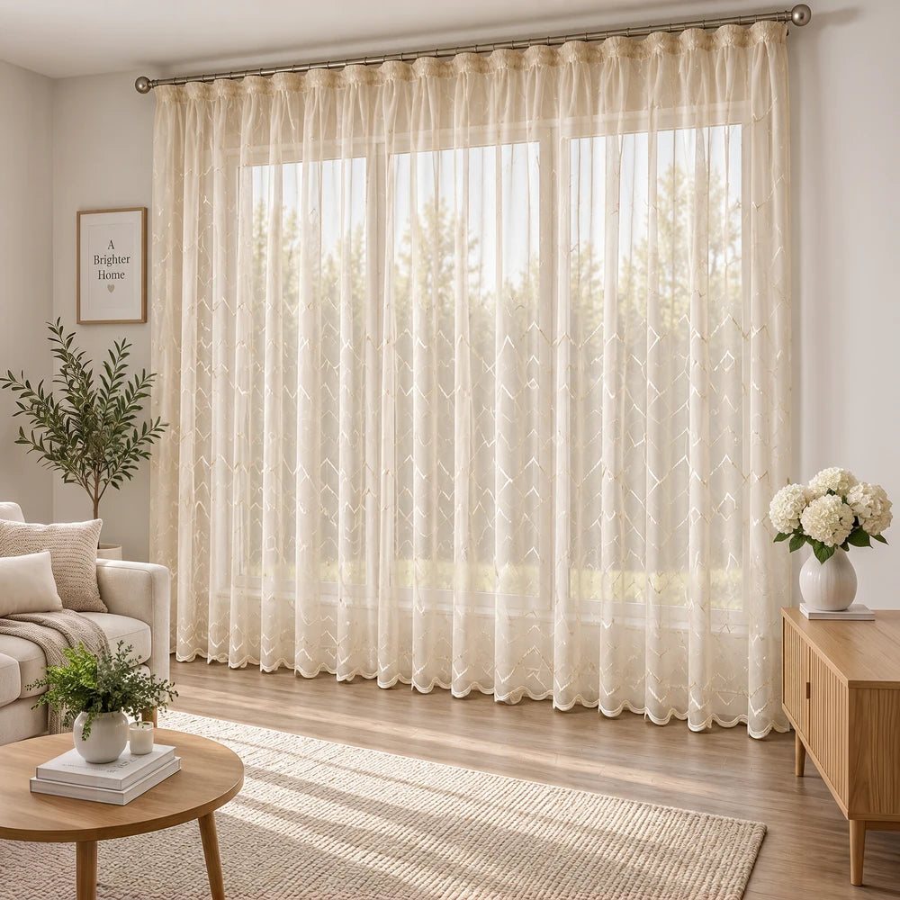 Embroidery On Plain Voile 5m Taped Curtain in ivory sheer fabric with subtle embroidered pattern for living room or bedroom