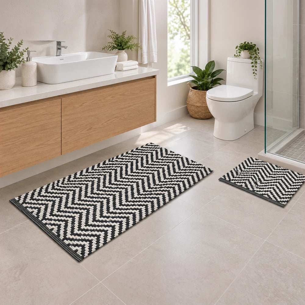 Ethnic Bathroom Mat Set in black and white zigzag pattern; includes long rug and matching bath mat for a cohesive modern