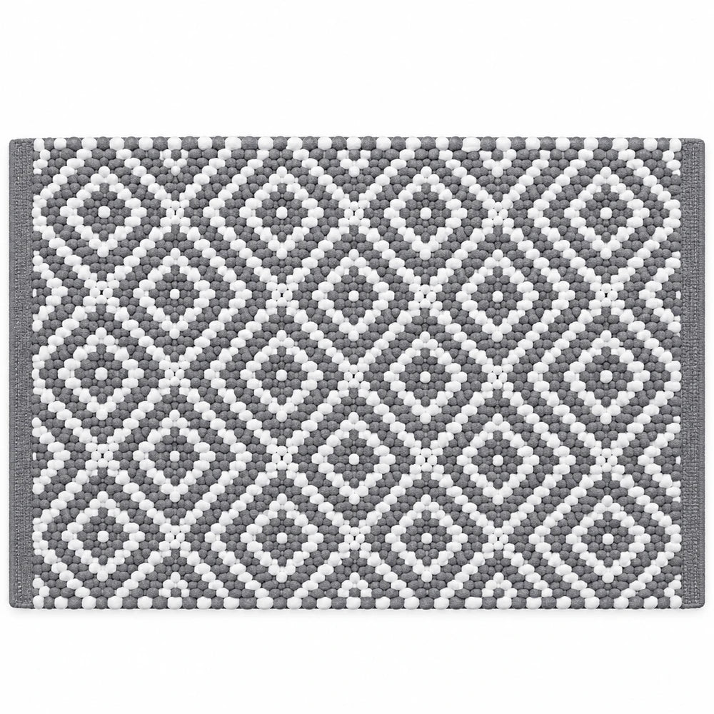 Ethnic Bathroom Mat Set in gray and white with a geometric diamond pattern, durable bathroom rug.