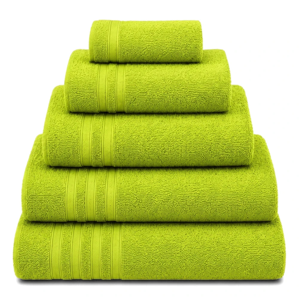 A vibrant stack of six lime green Everyday Towels in various sizes, neatly folded and arranged in a pyramid shape. The soft