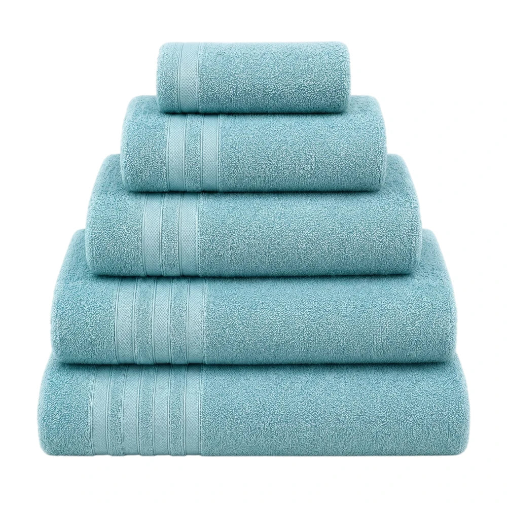 A pyramid stack of five soft turquoise Everyday Towels in various sizes, neatly folded with visible terry cloth texture.
