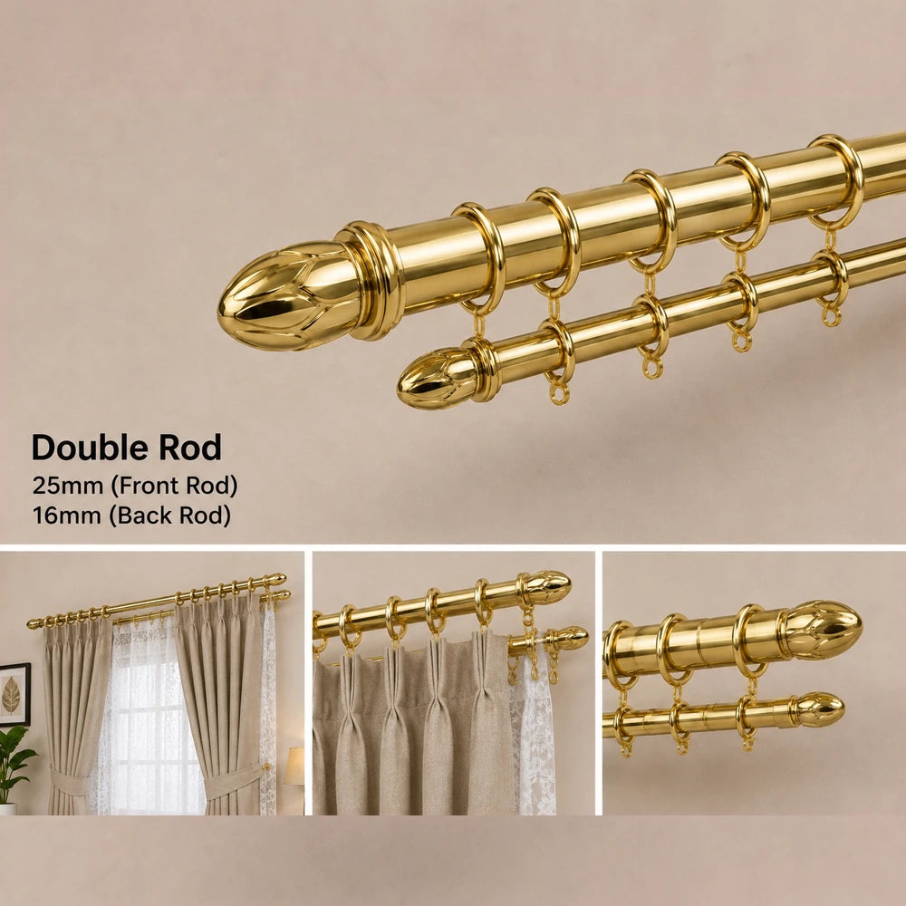 Eyelet Curtain Rod Combo with Rings in gold brass finish, double rod set with decorative finials and hanging rings.