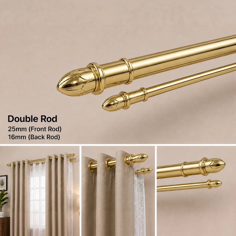 Eyelet Curtain Rod Combo in a gold finish with double rods, featuring 25mm front rod and 16mm back rod, decorative finials