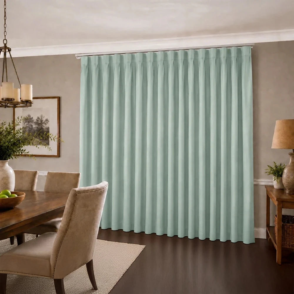 Faux Silk Curtain Taped Lined Curtain in teal for a soft drape and light filtering on dining room windows.