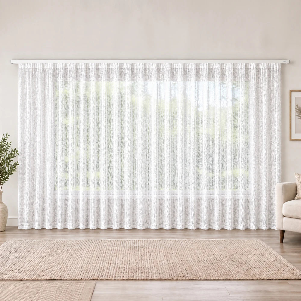Fish Bone Lace 5m taped curtain in white, sheer lace with a delicate fishbone pattern for airy privacy and light diffusion.