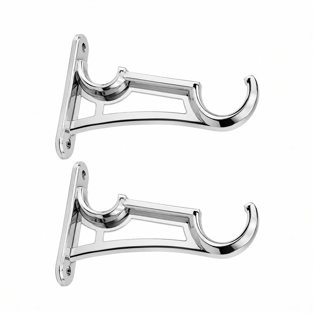 Chrome-plated 16/25mm flat poly bracket with double hooks for wall mounting and pipe support