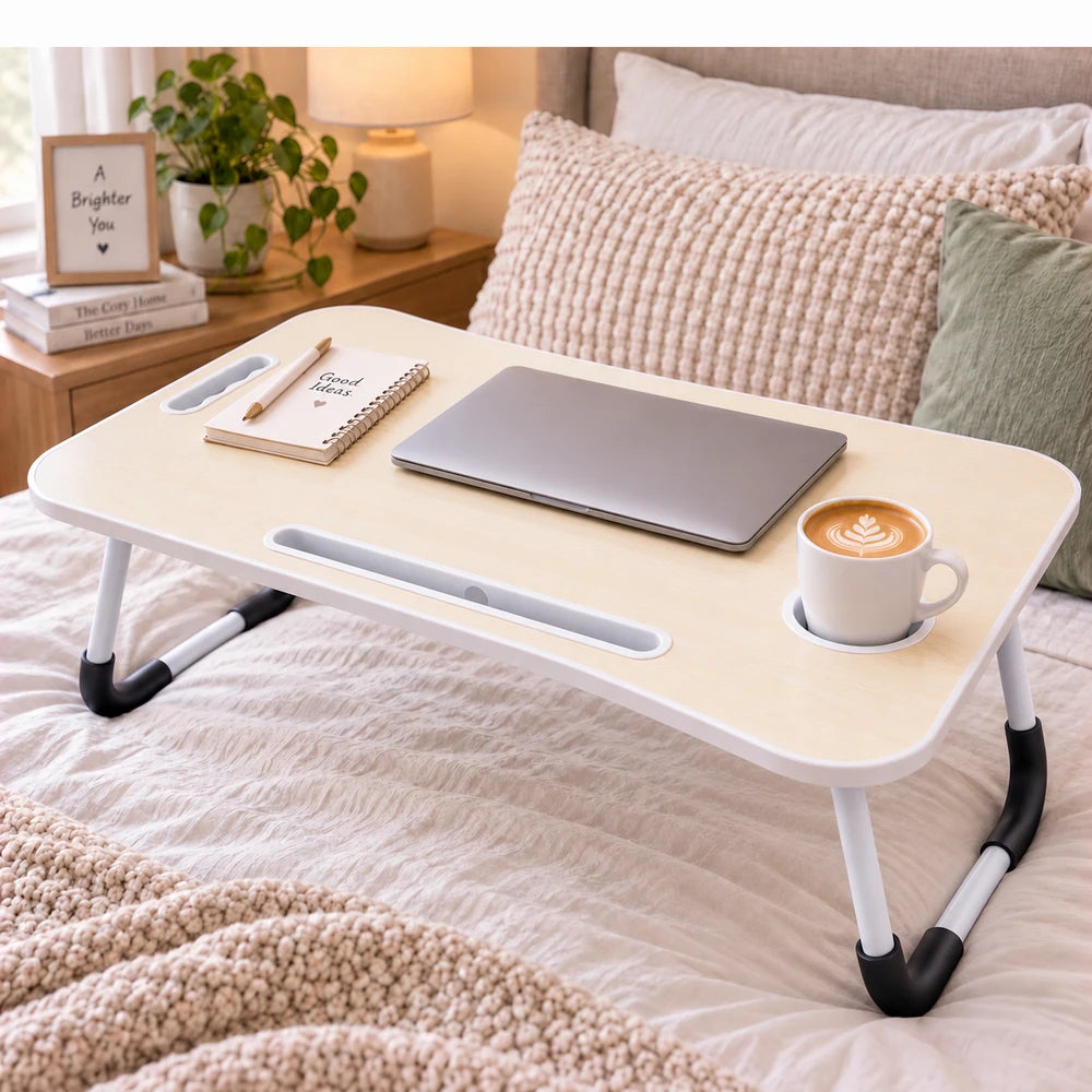 Multi-functional foldable laptop table with a light wood surface, white frame, and adjustable legs for bed or sofa use