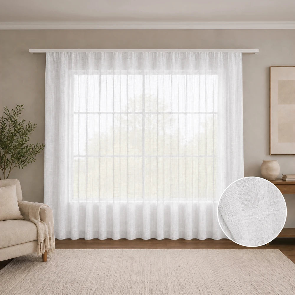 Frosted Check Voile Taped Curtain in white sheer fabric, lightweight and diffuses light for a soft, bright look.