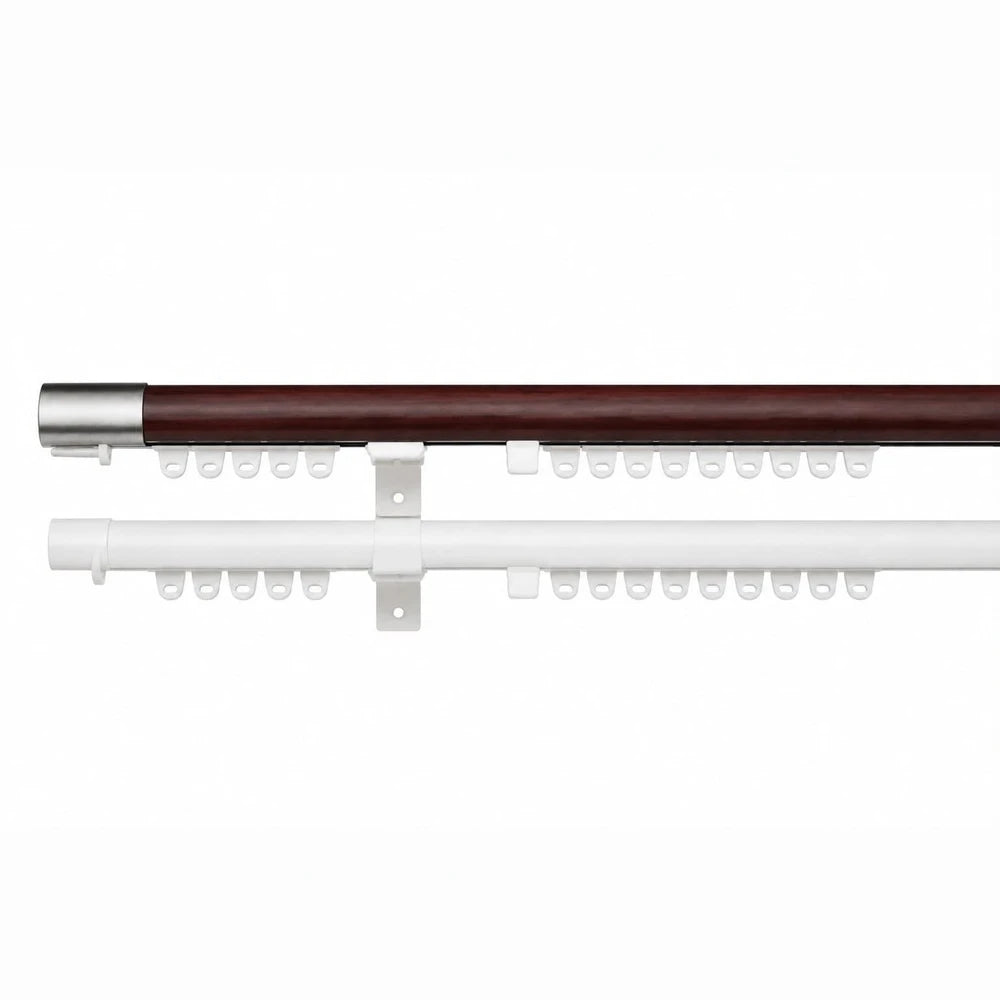 Half Round Pelmet and Curtain Track system featuring white dual tracks and a dark wood-finish pelmet for neat drapery.
