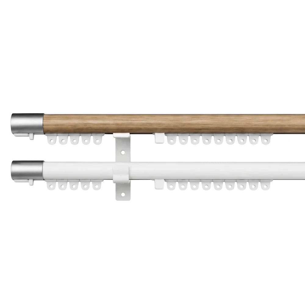 Half round pelmet and curtain track set, featuring a light wood-effect and white track with brushed metal end caps.
