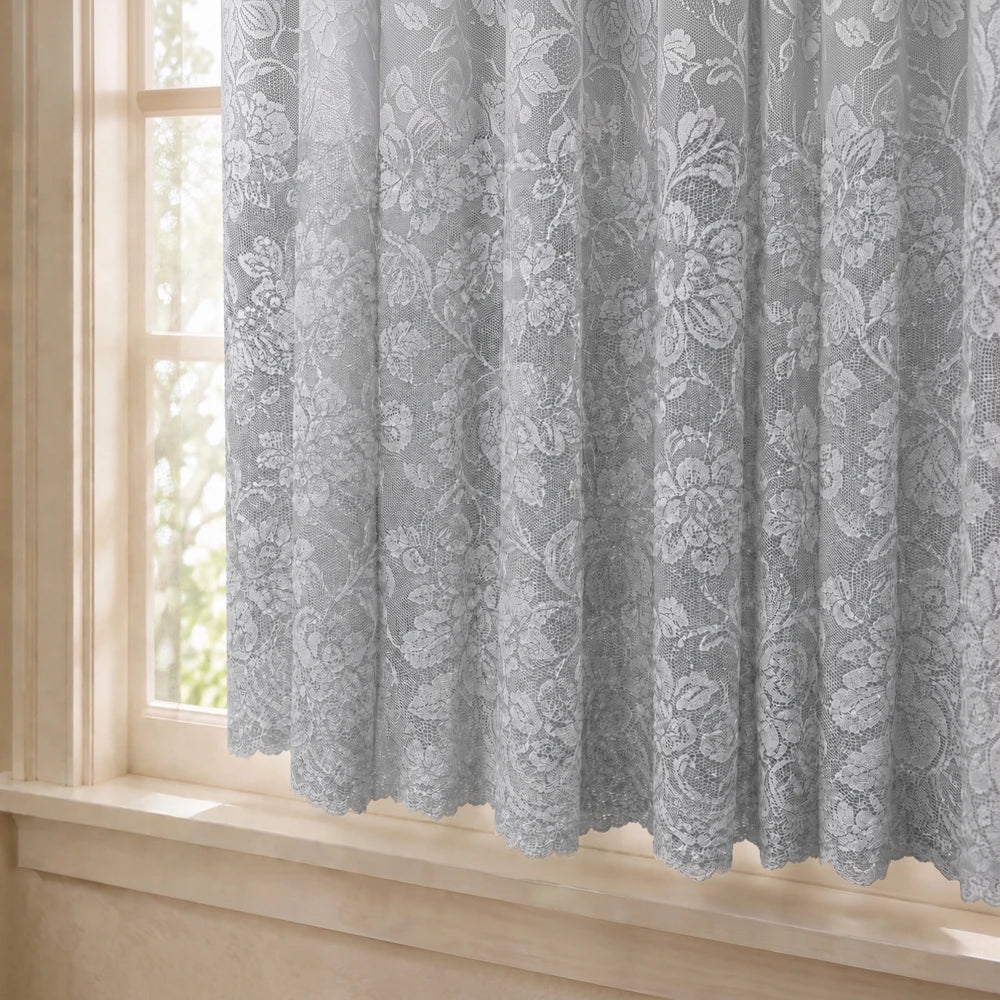 Hope Lace Taped Curtain 250 x 120cm in light grey lace, sheer floral design ideal for living room or bedroom.