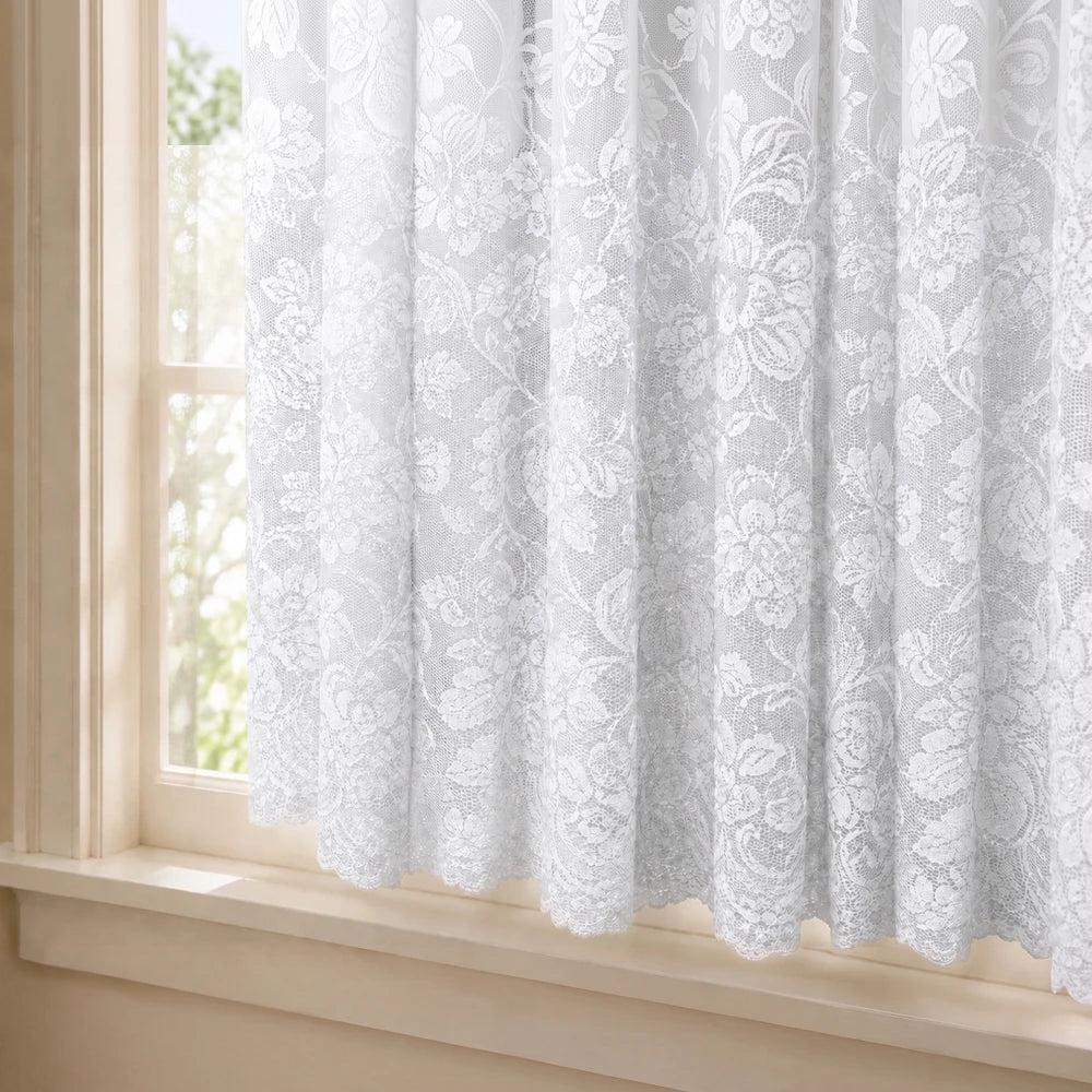 Hope Lace Taped Curtain 250 x 120cm in white floral lace, a sheer lightweight drape ideal for letting light filter through.
