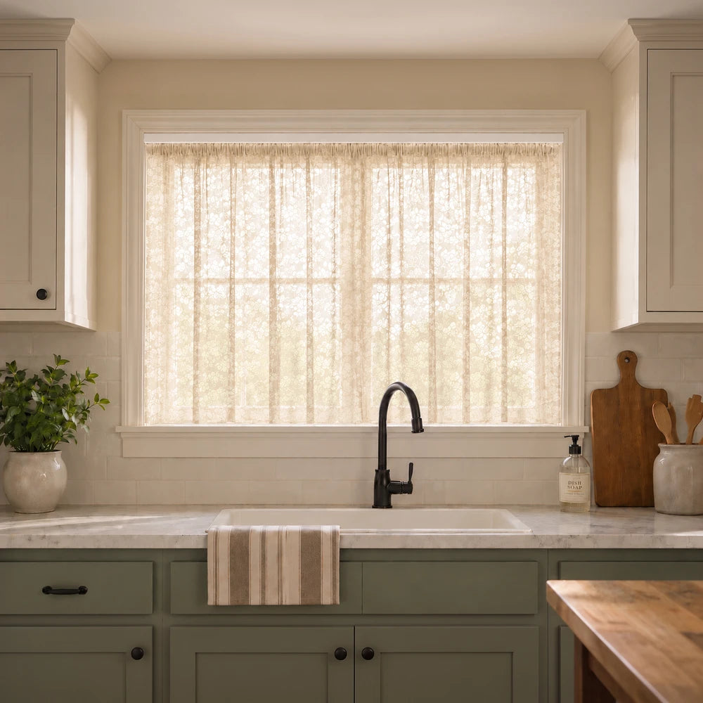 Hope Lace Taped Curtain 250 x 120cm in cream lace, light-filtering window panel for kitchen use