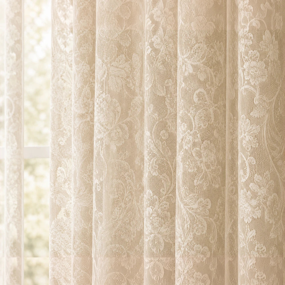 Hope Lace Taped Curtain in beige with a floral lace pattern, 230 x 218 cm, sheer window curtain.