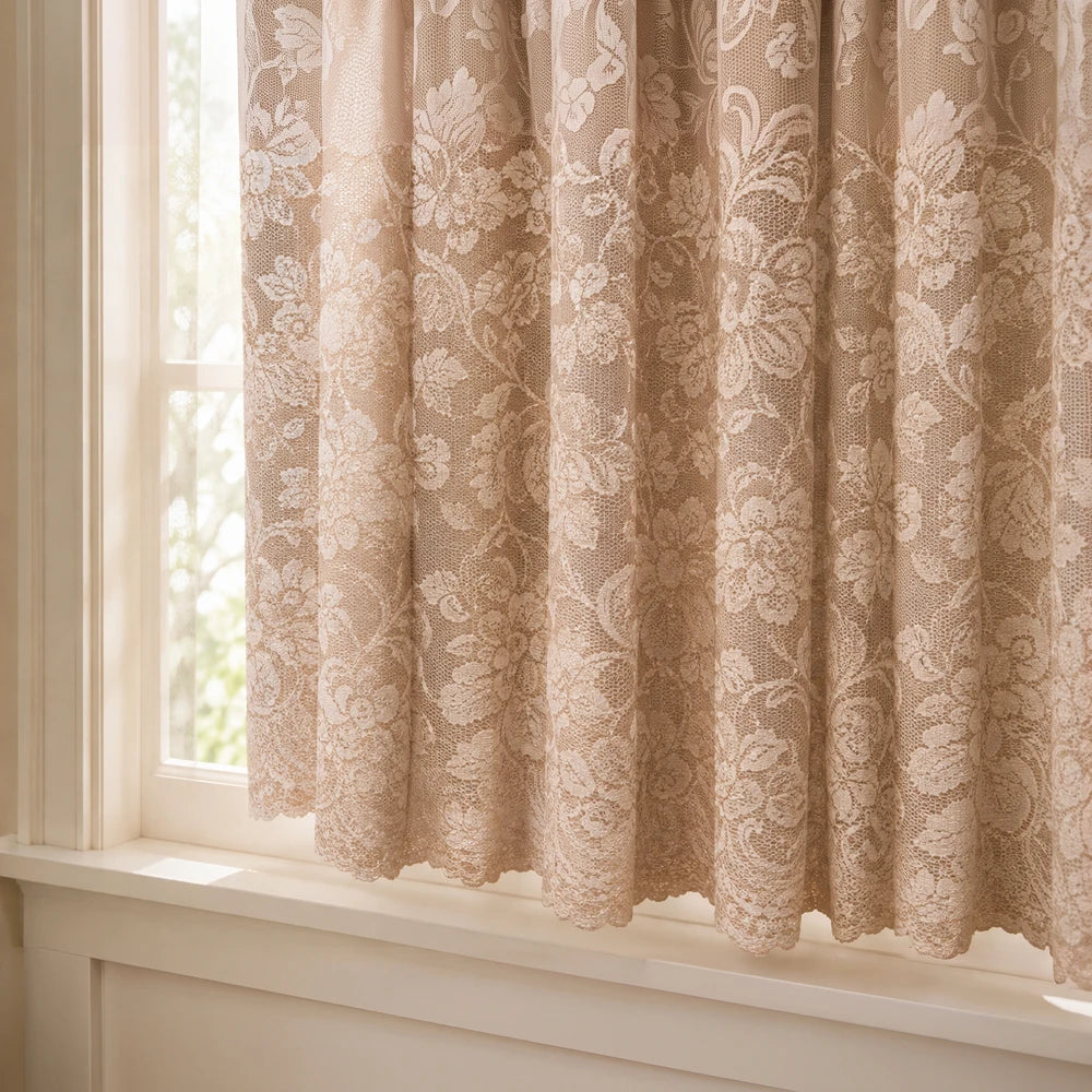 Hope Lace Taped Curtain in beige with a floral lace pattern, 250 x 120 cm, hanging by a sunny window.