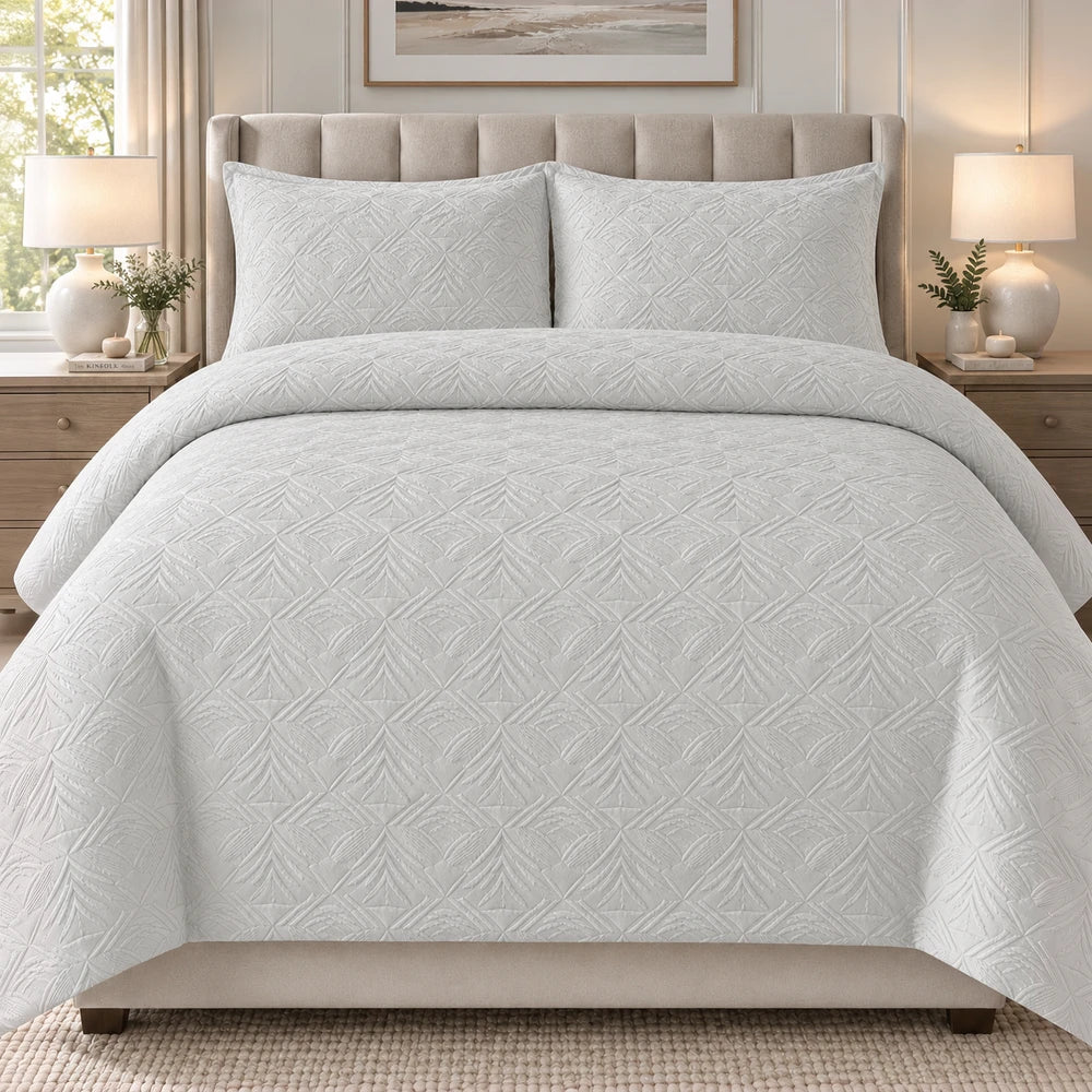 Horrockses 3D Embossed Palm Jumera Duvet Cover Set in light grey with textured palm-leaf quilting for a luxe bedroom look.