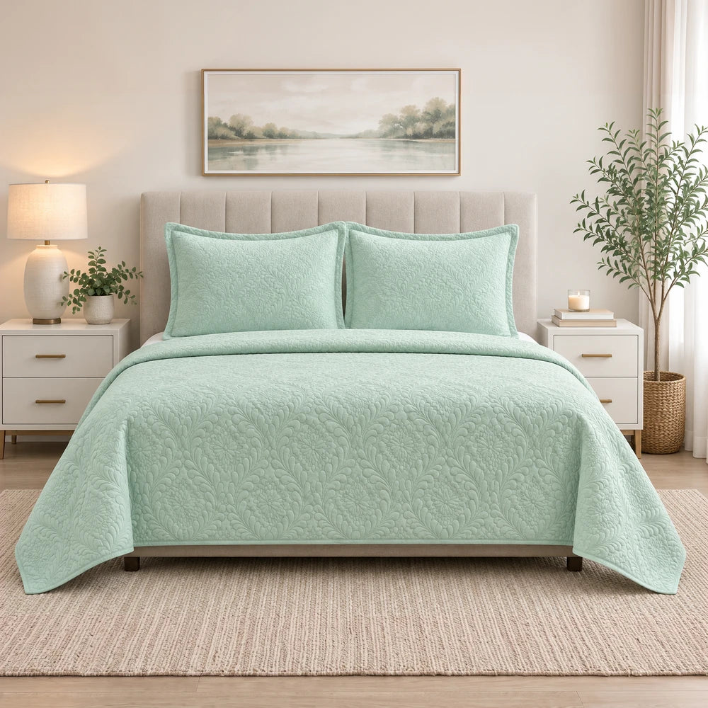 Horrockses Harmony 3D embossed scalloped duvet cover set in mint green with matching pillow shams for a soft, textured