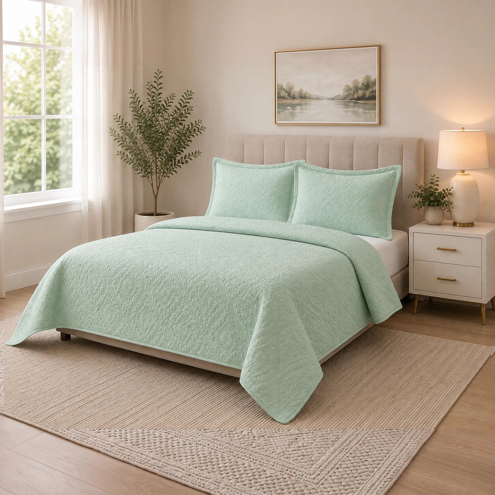 Horrockses Harmony 3D embossed scalloped duvet cover set in soft mint green with coordinating pillow shams.