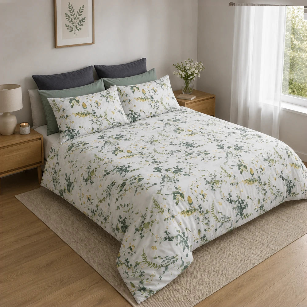 Horrockses Polycotton Duvet Cover in Cotta Leaves pattern with botanical green leaves on a white background for a serene