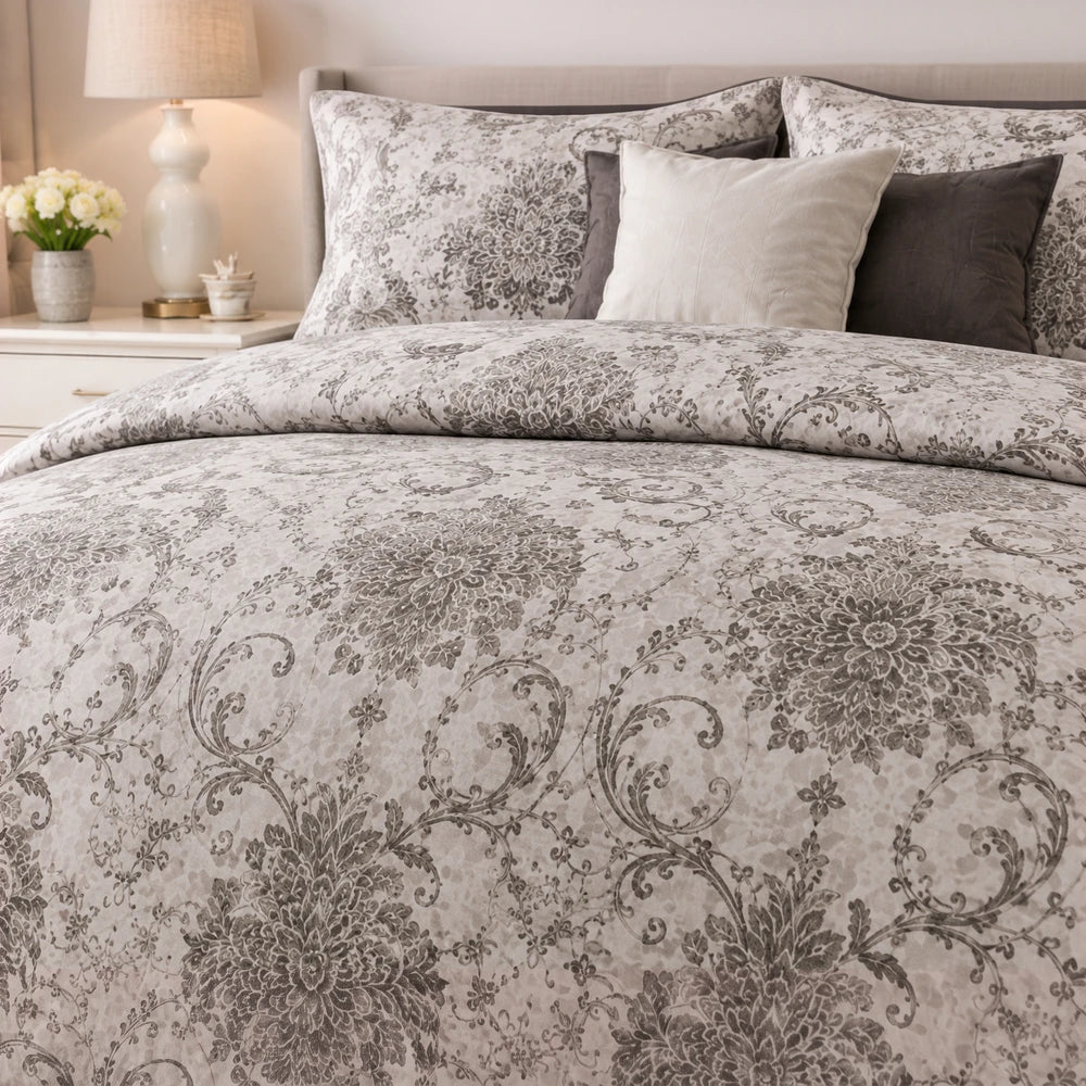 Horrockses Polycotton Duvet Cover Emily Damask in beige damask print, soft polycotton fabric