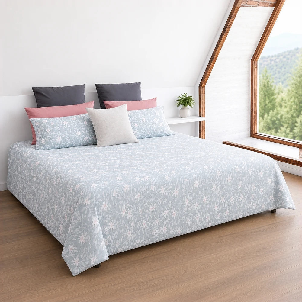 Horrockses Polycotton Duvet Cover Nikita in pale blue with a white floral pattern for a fresh, soft bedding look