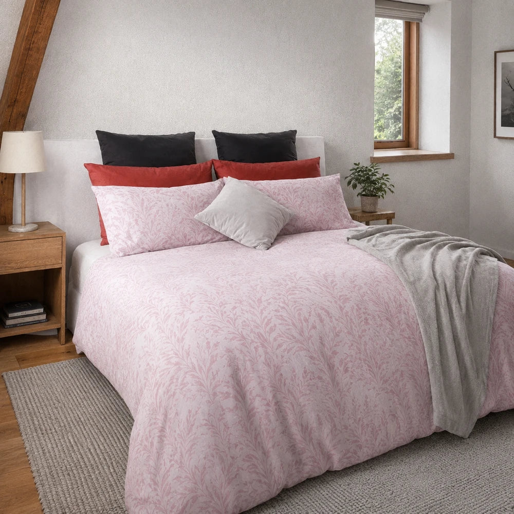 Horrockses Polycotton Duvet Cover - Vintage Floral in pink with a delicate botanical print and matching pillowcases.