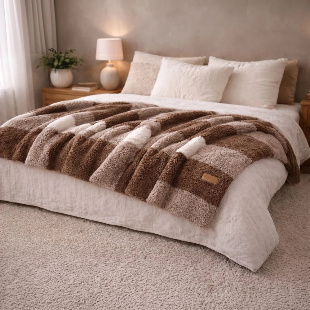 Horrockses Scottish Check Sherpa Throw in brown and cream, plush sherpa lining, ideal for bed or sofa