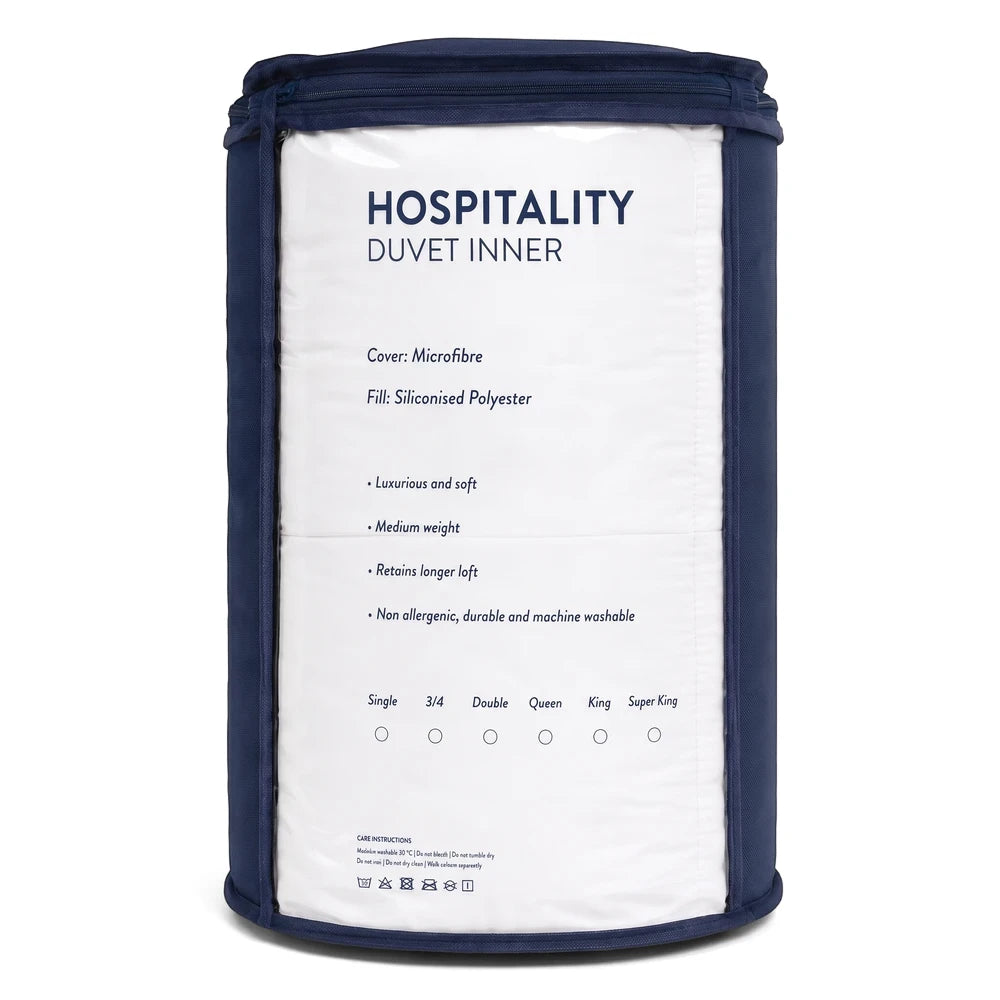 Navy blue packaged Hospitality Duvet Inner, 100% Microfibre, with a clear front label detailing product specifications and
