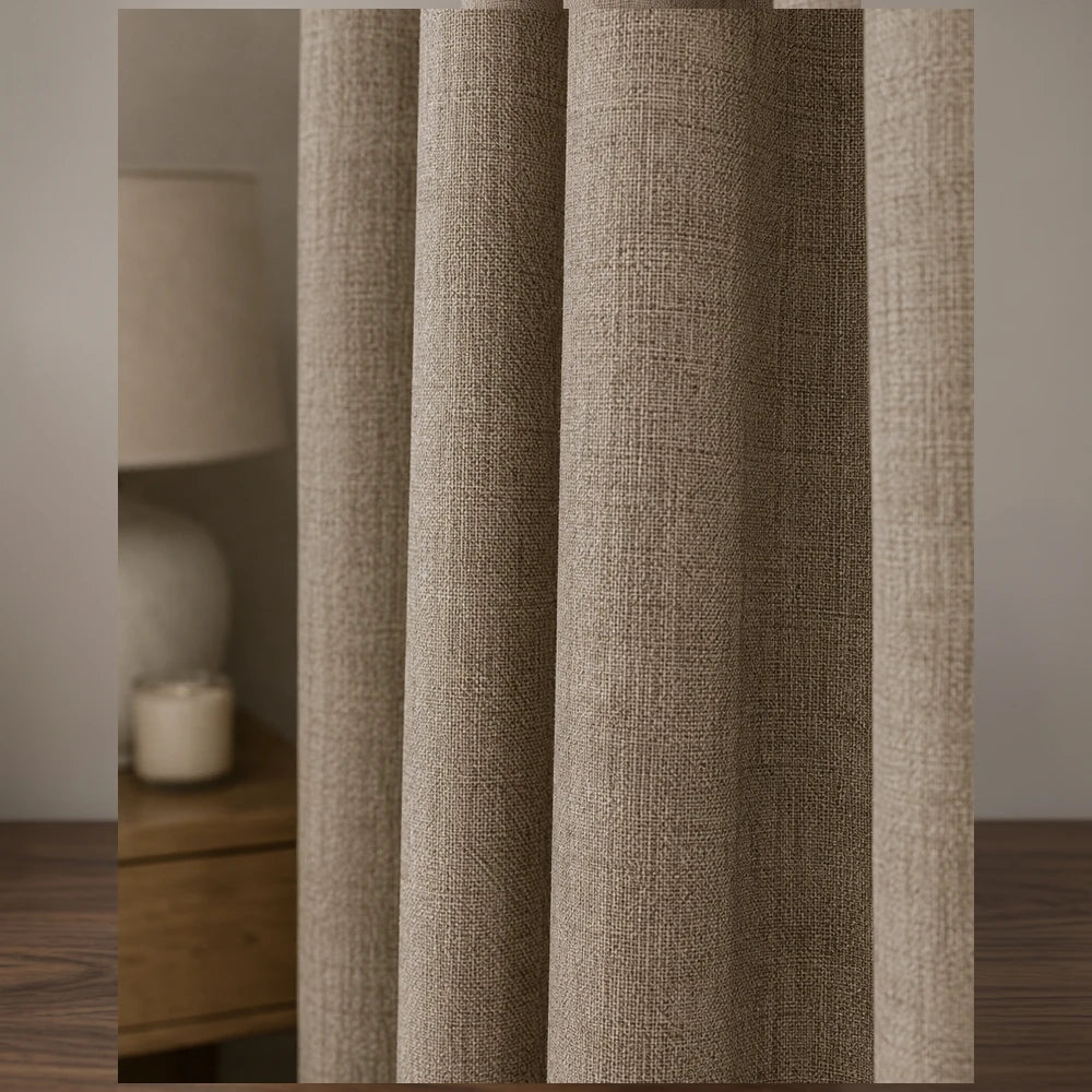 Linen Textured Blockout Curtain in warm beige with rich fabric texture and soft drape for privacy.