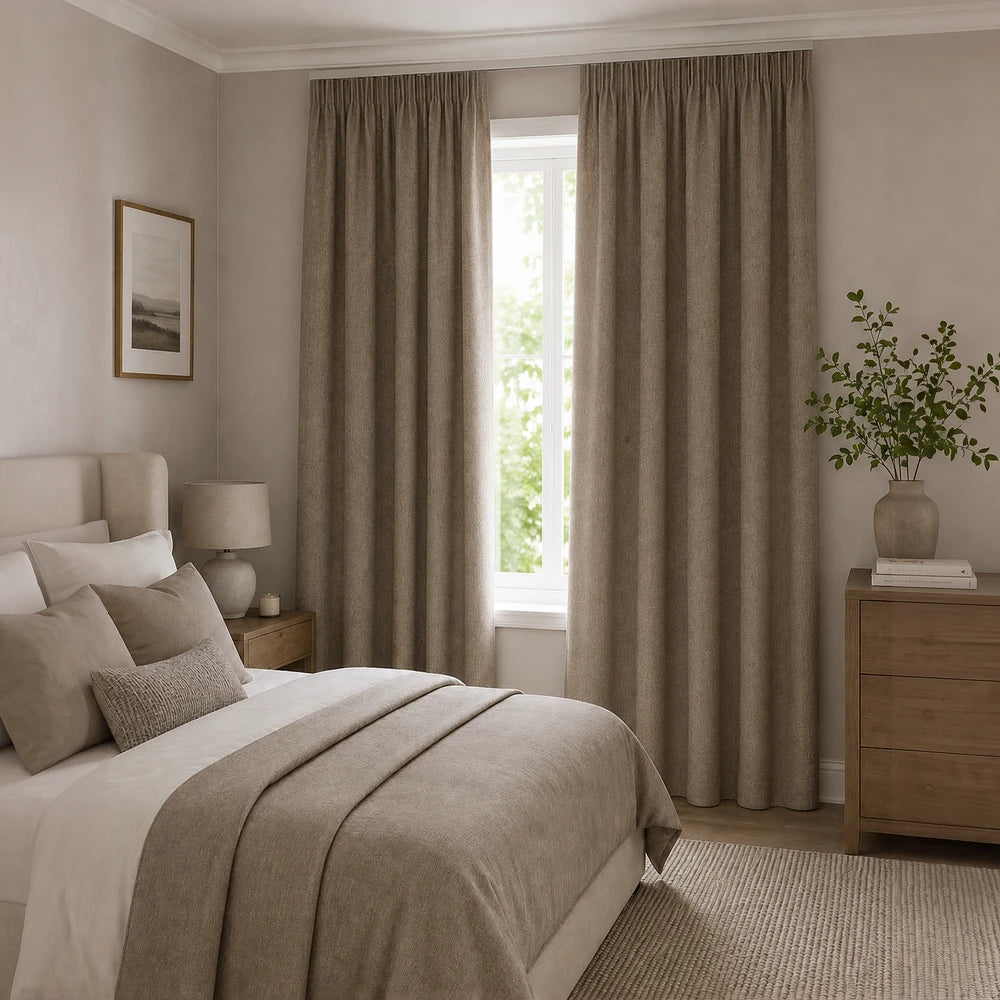 Linen Textured Blockout Curtain in beige with soft drape, offering light control and a warm bedroom ambiance.
