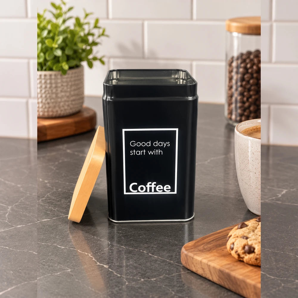Matte black kitchen storage tin with a bamboo lid, labeled Coffee, ideal for storing coffee beans or tea.