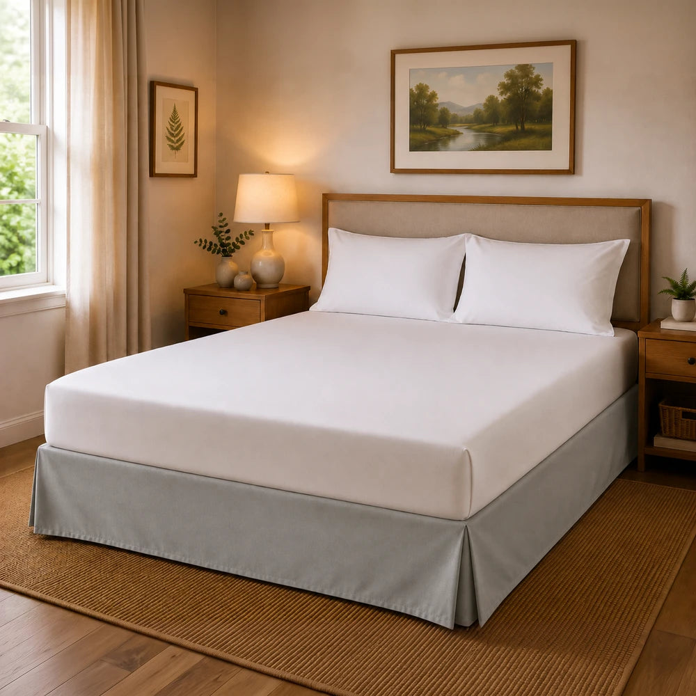 Microfibre Base Wrap in light grey, shown on a neatly made bed with white pillows and matchy nightstands.