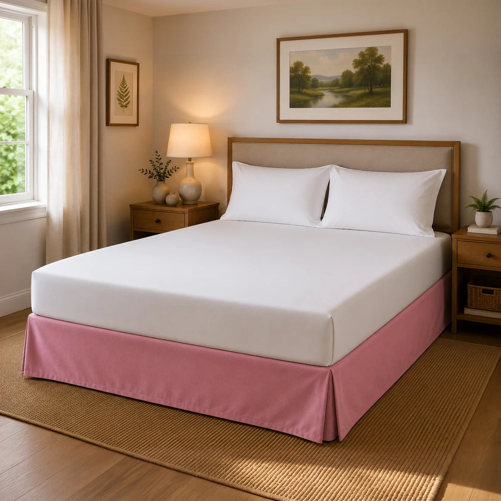Microfibre base wrap in pink shown on a neatly made bed with white sheets, pink bed skirt and wooden nightstands.