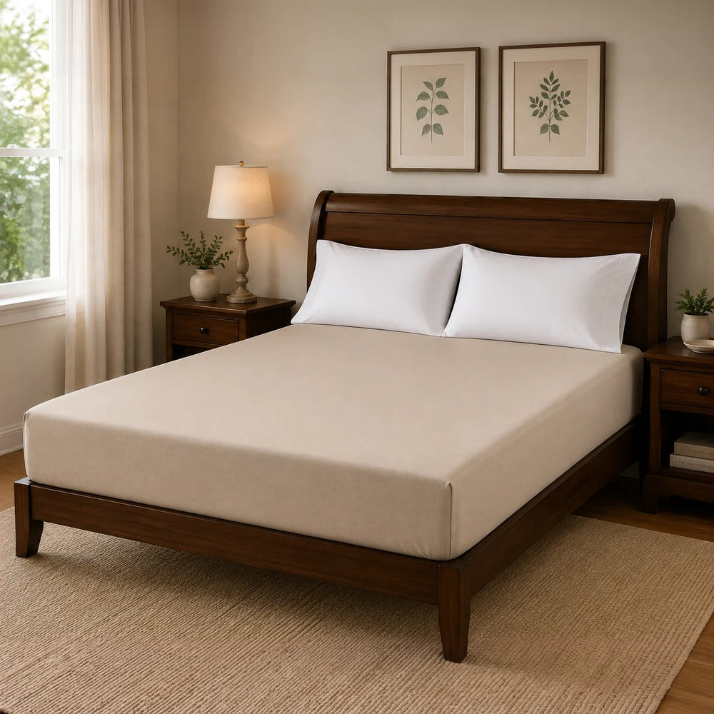 Microfibre fitted sheet in beige on a wooden bed with white pillows, showing soft, smooth fabric for a comfortable night’s