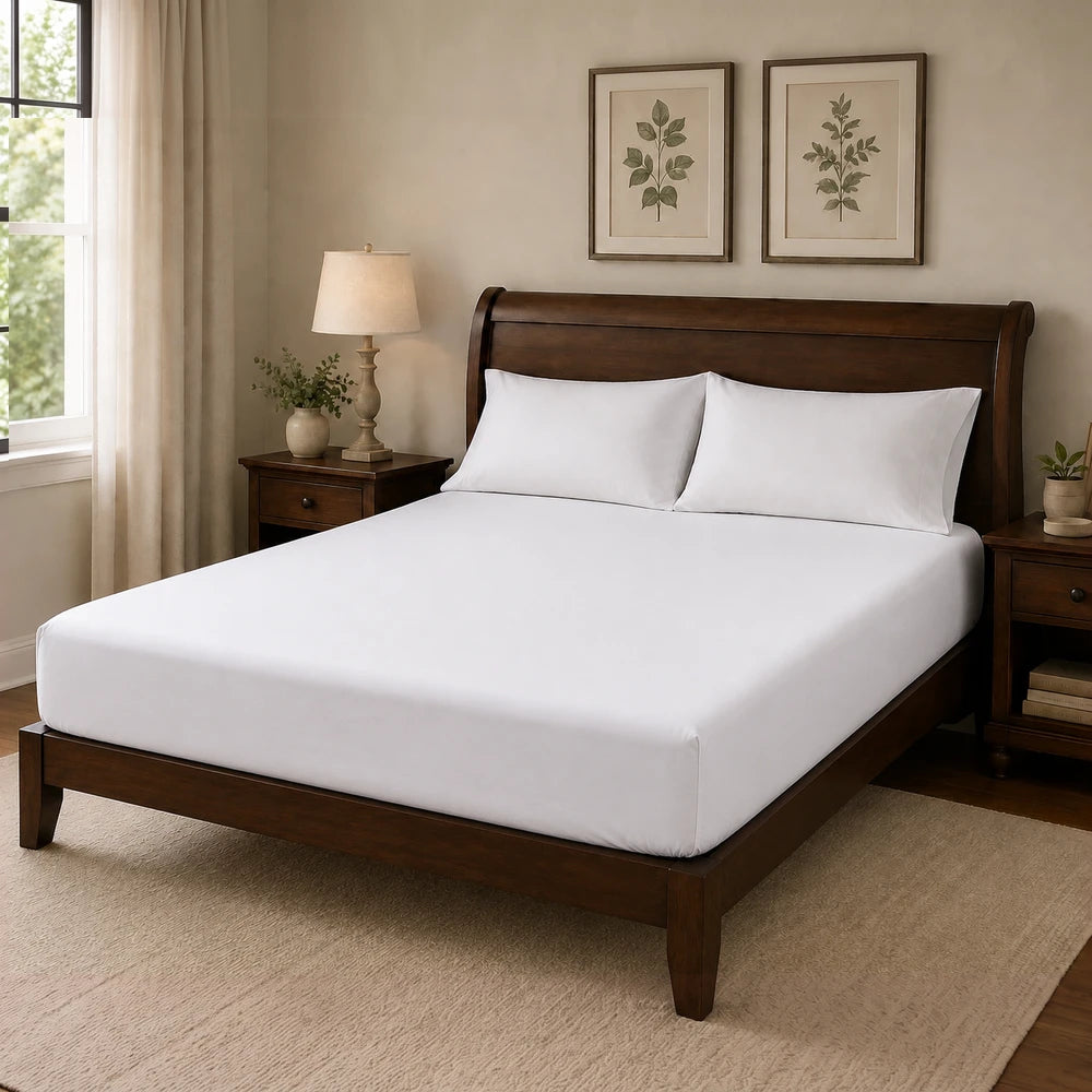 Microfibre fitted sheet in white placed on a dark wood bed with two white pillows in a cozy bedroom.
